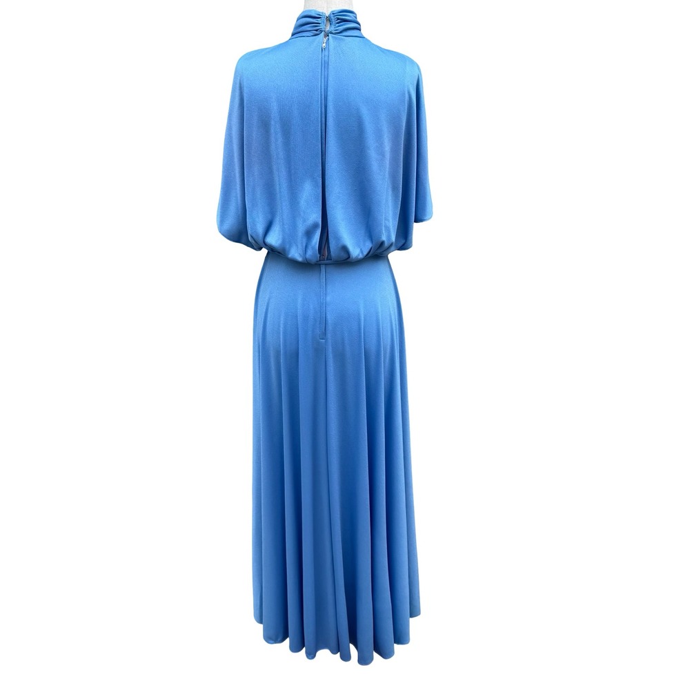 Vintage 70s Blue Mock Neck Cape Sleeve Maxi Dress Disco Gown Tie Waist Blue - Picture 5 of 14